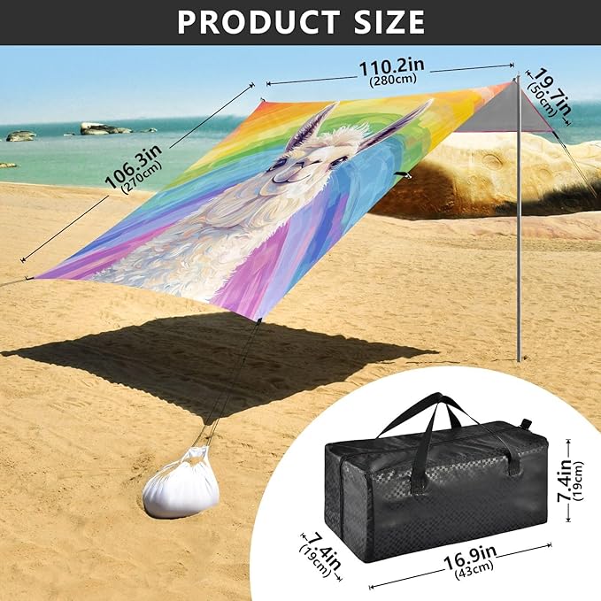 ALAZA Funny Llama Alpaca Rainbow Beach Tent Sun Shelter UPF50+ Protection Beach Shade Canopy w/ 4 Sandbags for Outdoor Camping Fishing Backyard Fun Picnic 10x9 ft