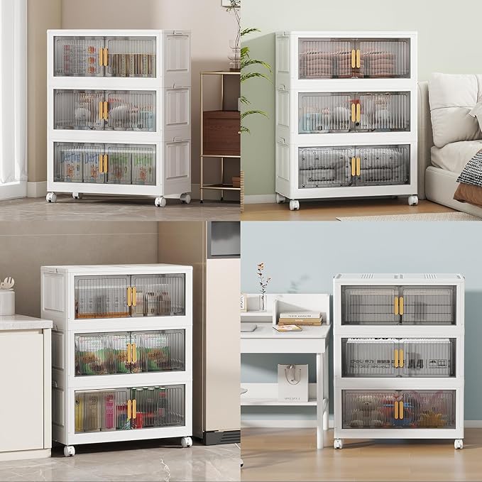 62 Gal Stackable Plastic Storage Bins with Lids 3 Tier Collapsible Closet Organizers and Storage with Wheels for Living RoomOfficeDorm 26.8 W x 14.4 D x 37 H