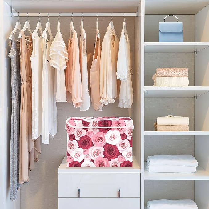 Red Pink Roses Print Lidded Home Storage Bins Closet Storage Bins Foldable Oxford Fabric Storage Box for Home Bedroom Closet Office (16.5x12.6x11.8 in)