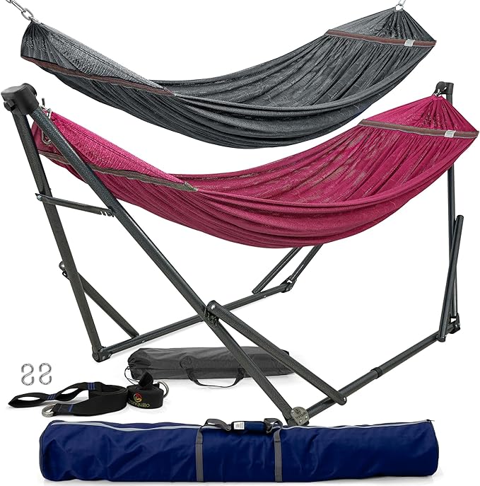 Tranquillo Combo x2 Hammocks with Stand for Outside &amp Tree Straps Heavy Duty Hammock with Stand 600lbs for Indoor Outdoor Patio Backyard x2 Hammocks for 2 Person (Combo - Red Medium)