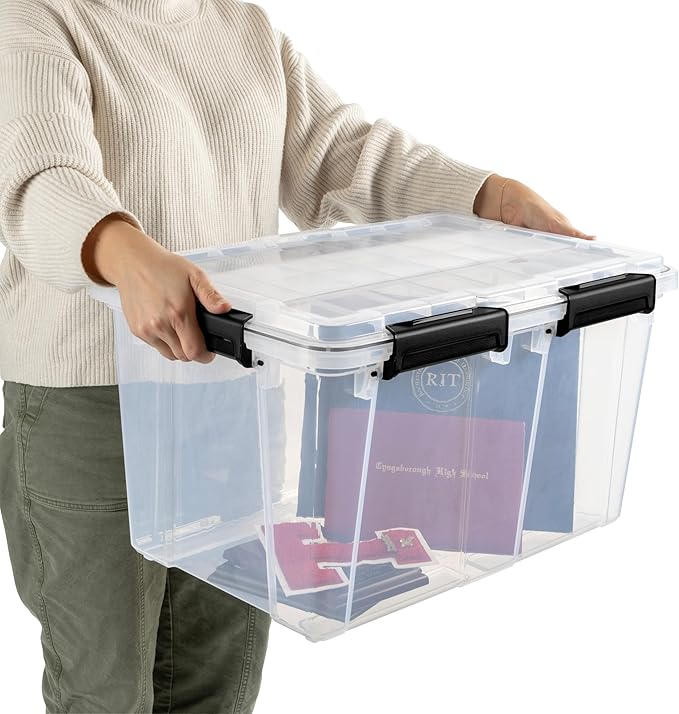 Sterilite 4 Pack 54 Qt Gasket Box Clear Stackable Plastic Storage Container with Lids Black - Waterproof Organizer and Dustproof Tote for Home Organization