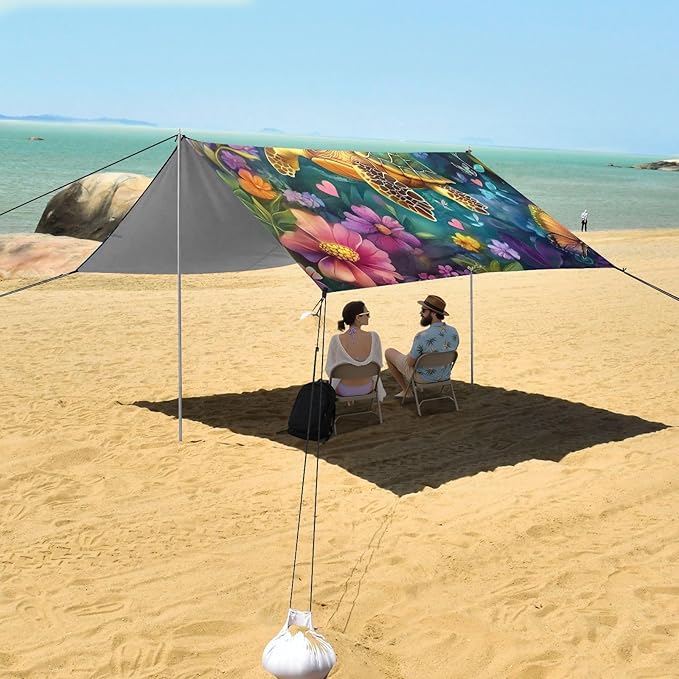 ALAZA Turtle Butterfly Beach Tent Sun Shelter UPF50+ Protection Beach Shade Canopy w/ 4 Sandbags for Outdoor Camping Fishing Backyard Fun Picnic 10x9 ft