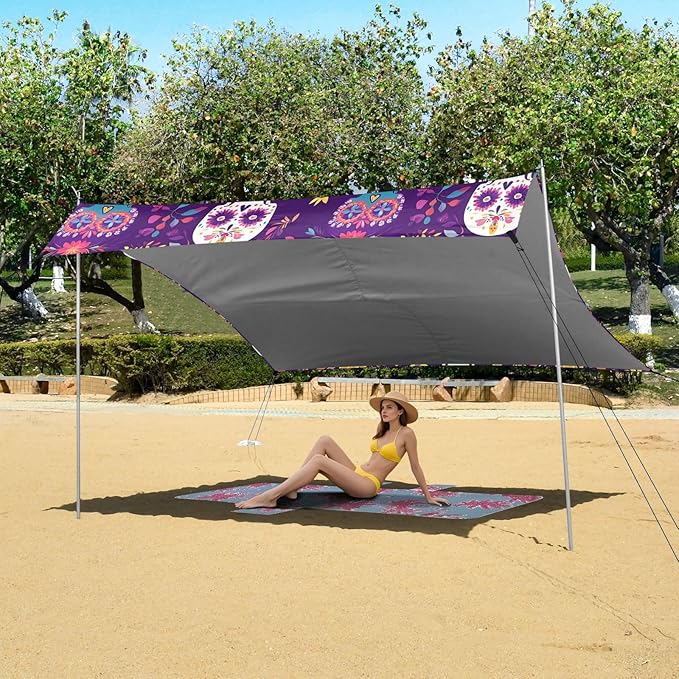 ALAZA Purple Skull Flower Pattern Beach Tent Sun Shelter Portable Canopy Sunshade for Outdoor Camping Picnics Backyard Fun 10x9 ft