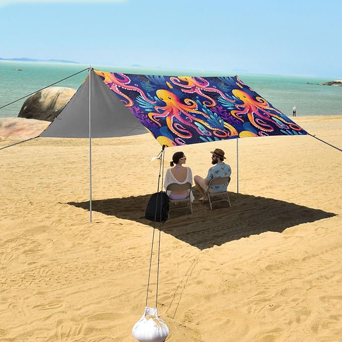 ALAZA Octopuses Seaweed Beach Tent Sun Shelter UPF50+ Protection Beach Shade Canopy w/ 4 Sandbags for Outdoor Camping Fishing Backyard Fun Picnic 10x9 ft