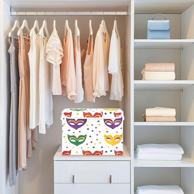 Mardi Gras Mask Fabric Storage Bins with Lids and HandleFoldable Storage Bins with LidsCloset Organizers for Clothes Storage Room Organization Office Storage Chest Organizer