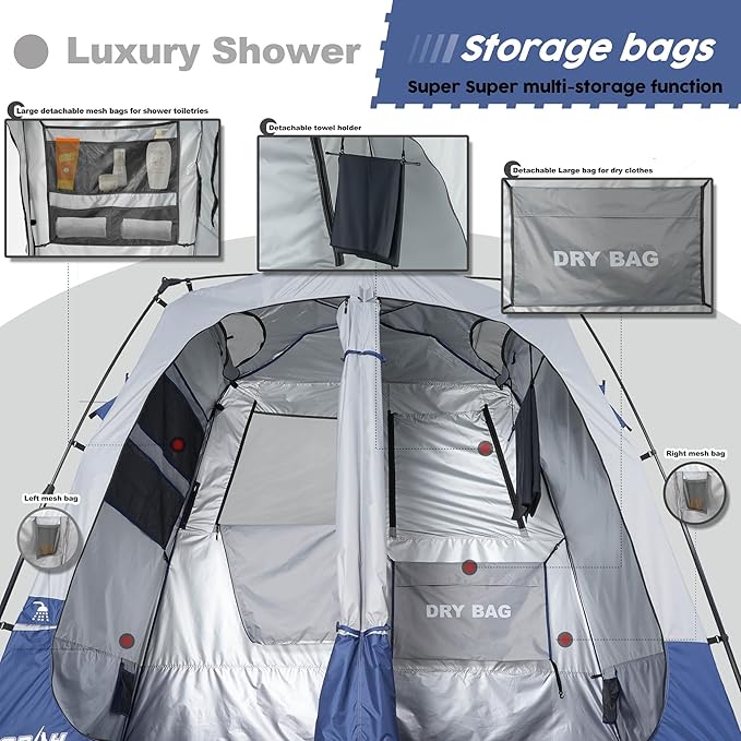 Camping Shower Tent Deluxe Changing Room Easy Set Up Privacy ShelterLarge Toilet Tent with Floor Drain Design for Beach CampingHiking with Stakes and Ropes for Stability