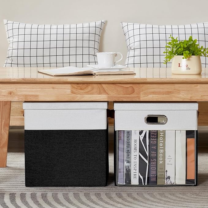 Fabric Storage Cubes with Clear Windows and Lids 13'' Foldable Storage Bins with 3 Handles Decorative Storage Boxes for Home Bedroom Closet Office (Balck &amp White)