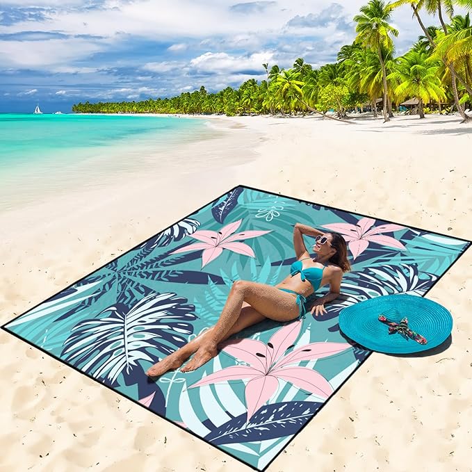 Beach Blanket Waterproof Sandproof Beach Mat 79 X 83/10'x9'for 2-8 Adults Quick Drying Outdoor Picnic Mat Beach Accessories for Travel Camping Hiking