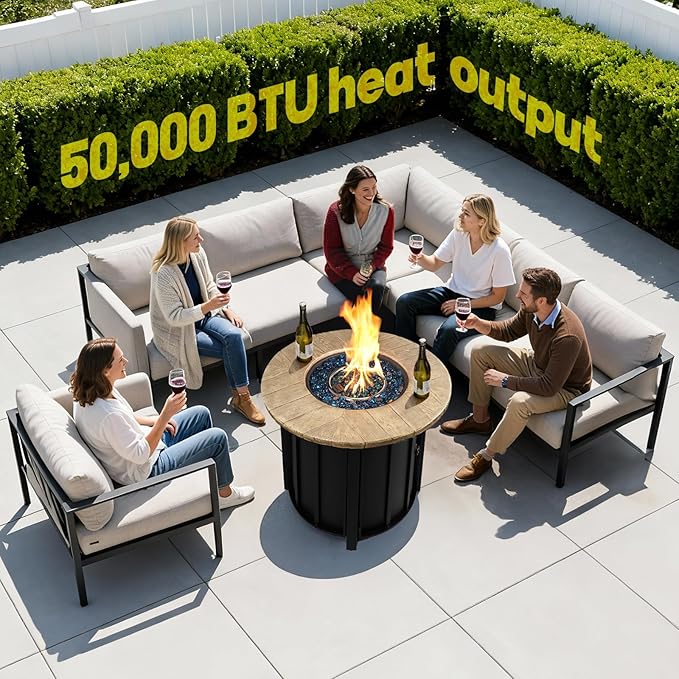 30 Inch Round Propane Fire Pit Table50000 BTU Outdoor Gas Firepit with Automatic Ignition &amp Lid CoverIron Steel Firepit for OutsidePatioDeckBackyard w Glass Stones &amp Rain Cover