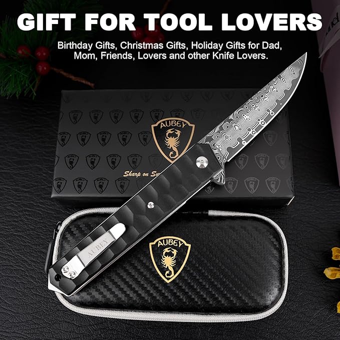 AUBEY Damascus Pocket Knife with Clip Tanto Blade Damascus Steel Folding Knives for Men Tactical Aluminum Handle with Glass Breaker for EDC Camping