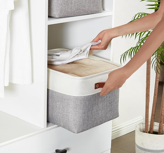 DECOMOMO Storage Baskets for Shelves - Fabric Storage Bins Linen Closet Organizers and Storage (Grey &amp White Large - 3 Pack)