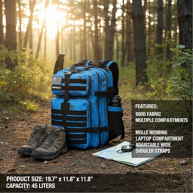 45L Military Tactical Backpack for Men &amp Women Bug Out Bag Assault pack Molle Daypack Hiking Trekking Rucksack (2.0 side pockets （blue tie dye）)