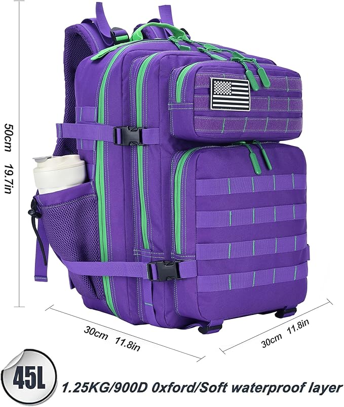 Lovelinks21 45L Tactical Assault Backpack 3 day assault pack with Molle Waterproof backpack Rucksack for Tactical Backpacks (Purple Green)