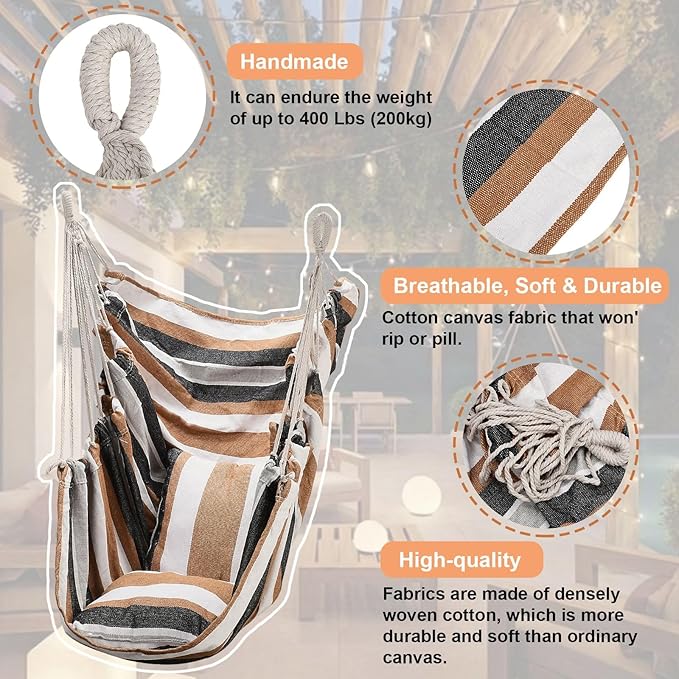 Hammock Chair Hanging Swing with 2 Pillows &amp Side Pocket Soft Cotton Tassel Swinging Chair with Strong Webbing Straps &amp Hooks Indoor Outdoor Comfort Seat (Brown)