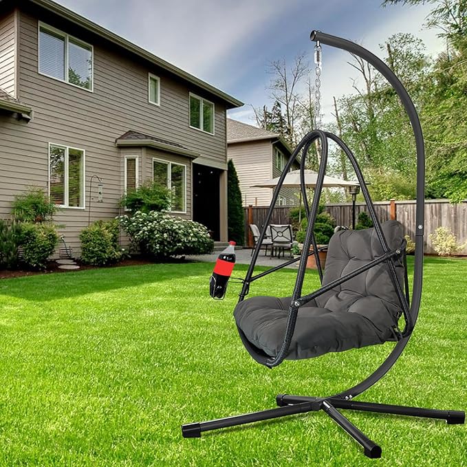 Rattan Egg Hanging Chair with Stand for Indoor and Outdoor Relaxation Featuring Removable Safety Rail Convenient Cup Holder and Comfortable Cushion Set for Lounging in Garden Patio Living Space