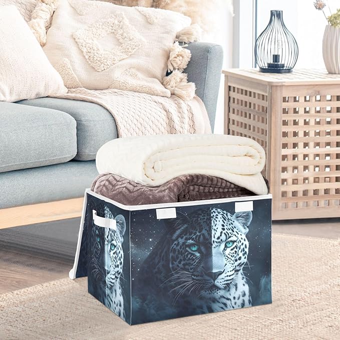 Storage Cube with Lid White Black Leopard Print 16.5×12.6×11.8 IN Collapsible Large Capacity Foldable Storage Basket Bin Organizer