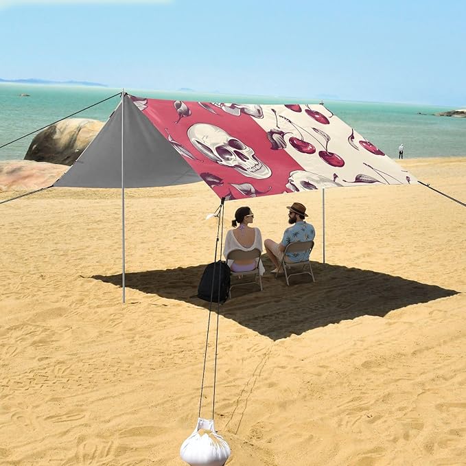 ALAZA Retro Cherry Skull Beach Tent Sun Shelter UPF50+ Protection Beach Shade Canopy w/ 4 Sandbags for Outdoor Camping Fishing Backyard Fun Picnic 10x9 ft