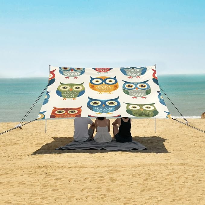 ALAZA Colorful Owl Cartoon Seamless Beach Tent Sun Shelter Portable Canopy Sunshade for Outdoor Camping Picnics Backyard Fun 10x9 ft