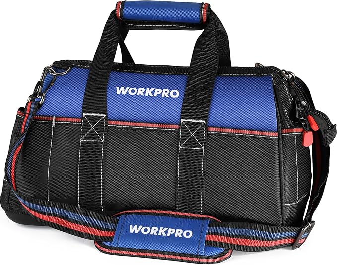 WORKPRO 16-inch Wide Mouth Tool Bag Heavy Duty Cloth Tool Storage Bag with Water Proof Molded Base Adjustable Shoulder Strap