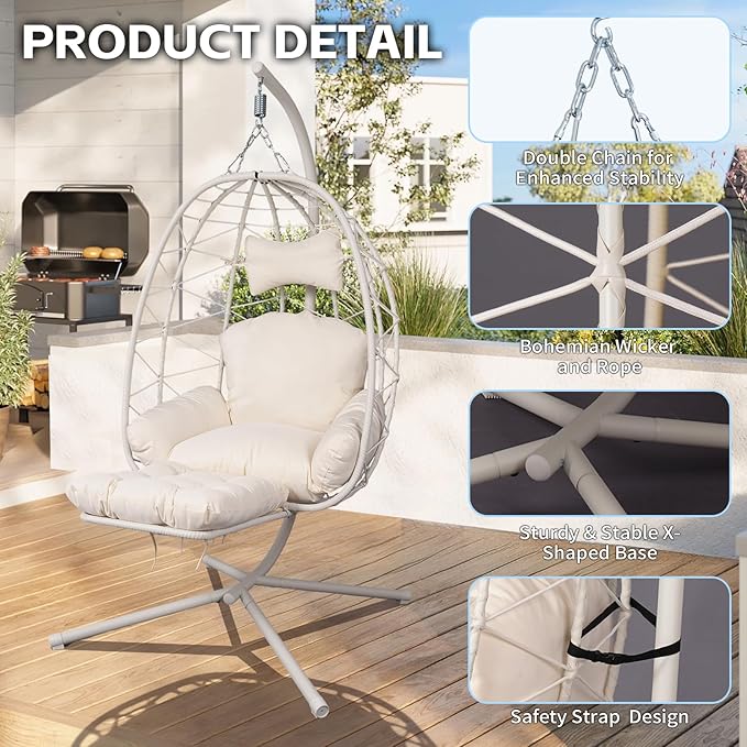 Hanging Egg Chair with Stand Outdoor Indoor Patio Rattan Swing Hammock Chairs with Washable Cushion PE Wicker Swing Chair for Backyard Bedroom Garden (White + White Cushion with Footrest)