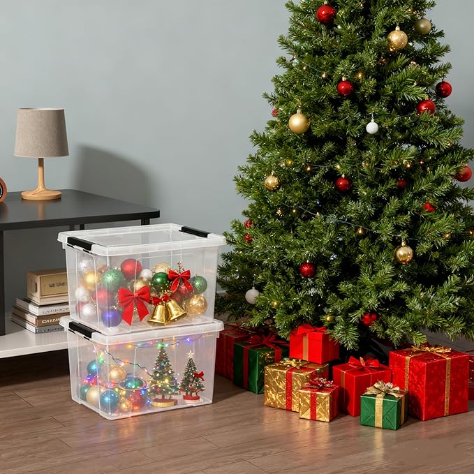 4 Pack 23 L Plastic Latching Storage Box with Wheels Stackable Container Bin for Holiday Decorations and Accessories Clear