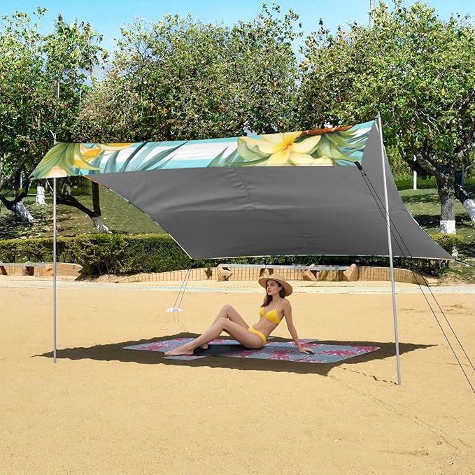 ALAZA Pineapples Palm Leaves Flowers on A Striped Beach Tent Sun Shelter Portable Canopy Sunshade for Outdoor Camping Picnics Backyard Fun 10x9 ft