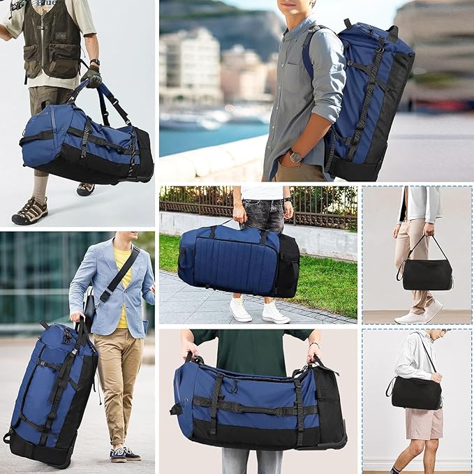 Rolling Duffle Bag with Wheels86L 30”Carry on Luggage with WheelsFolding Travel BagDuffle Backpack with Separate Shoe Compartment (dark blue)