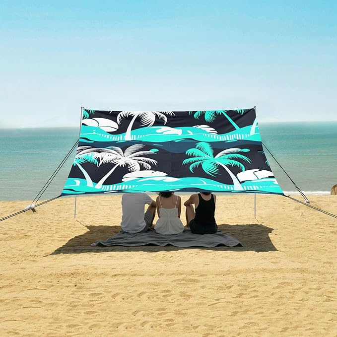 Beach Canopy with Windproof Ropes &amp Sandbags Beach Tent Sun Shade Sun Shelter for Camping Trips Fishing Backyard Fun or Picnics Palm Tree