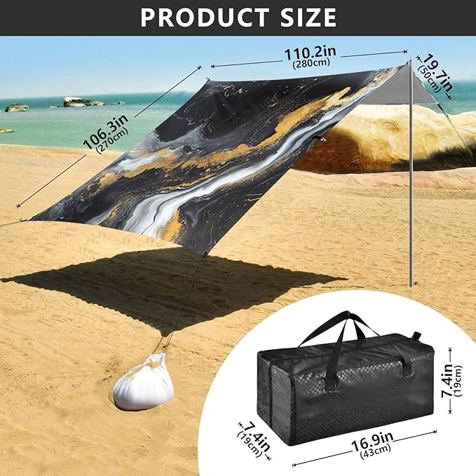 ALAZA Black Marble with Hints of White and Gold Pattern Beach Tent Sun Shelter Portable Canopy Sunshade for Outdoor Camping Picnics Backyard Fun 10x9 ft