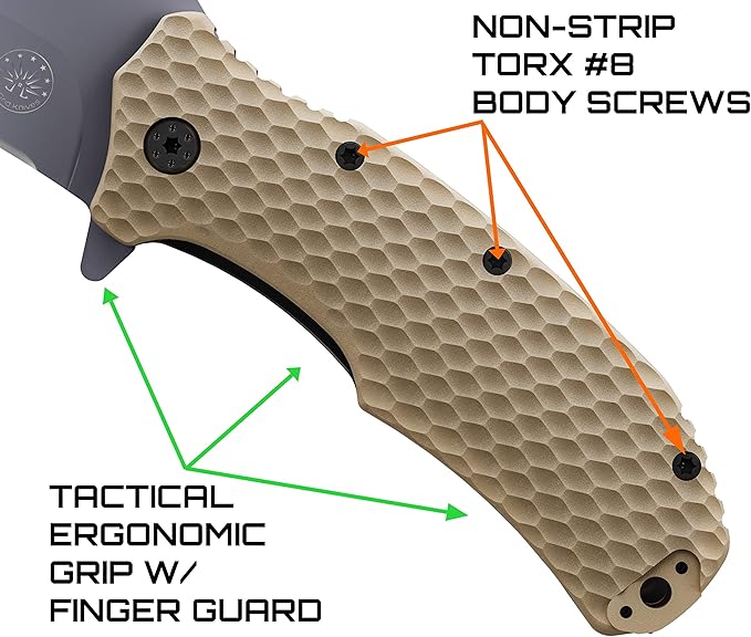Off-Grid Knives - Rapid Fire Coyote Large Assisted EDC Hard Use Construction Camping and Survival Cryogenic D2 Blade Steel Titanium Nitride Coating with G10 Scales Deep Pocket Carry