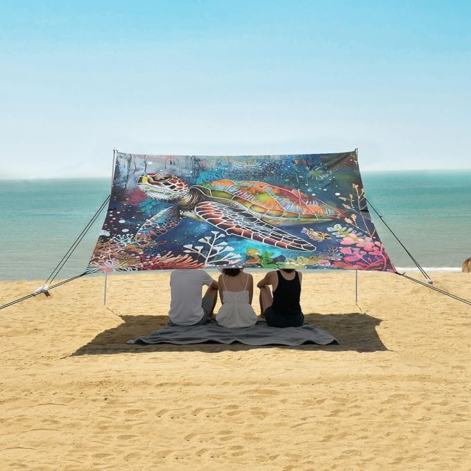 ALAZA Boho Style Sea Turtle Under Water Beach Tent Sun Shelter Portable Canopy Sunshade for Outdoor Camping Picnics Backyard Fun 10x9 ft