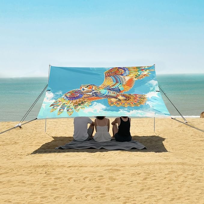 ALAZA Soaring Owl Rainbow Color Beach Tent Sun Shelter UPF50+ Protection Beach Shade Canopy w/ 4 Sandbags for Outdoor Camping Fishing Backyard Fun Picnic 10x9 ft