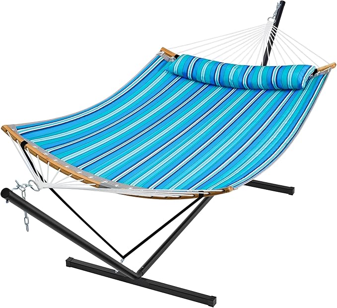 SUPERJARE Hammock with Stand 2 Person Heavy Duty Hammock with Padded Cotton Detachable Pillow &amp Strong Curved-Bar &amp Portable Carrying Bag Perfect for Outdoor &amp Indoor Aqua Blue