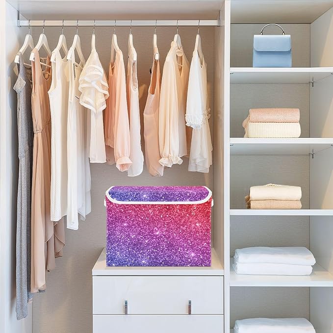 Red Purple Gradient Glitter Storage Bins with Lids Foldable Room Storage Storage Bags for Clothes for Home Studyroom