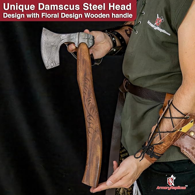Armory Replicas™ Hand-Forged Damascus Steel Bearded Axe - 520 Layer True Damascus Blade 58-60 HRC | Sheesham Wood Handle with Floral Carvings
