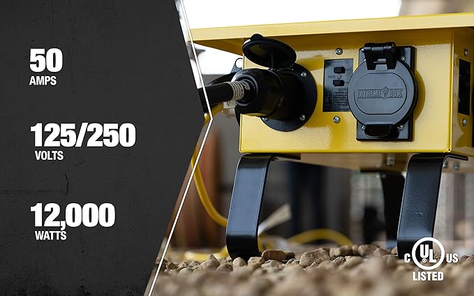 Southwire Temporary Power X-Treme Box - 50A 125/250V Portable Power Distribution with 6 5-20 U-Ground/Straight Blade Receptacles - Rugged Steel Construction