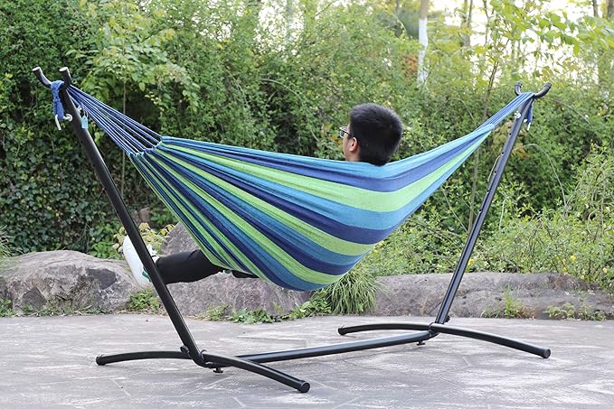9Ft Portable Solid Steel Heavy Duty Stand Hammock with Carrying Case 2 Person Large Durable and Stable Best Hammock Stands for Indoor or Outdoor Backyard Decor Bed Patio Lawn Garde - Blue 300 Lb