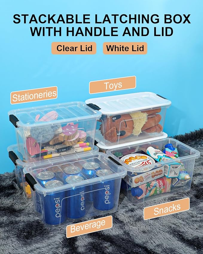 EOENVIVS 6 Pack Clear Storage Bins with Black Buckle and Handle Lids and 6 Pack Clear Storage Bins with Buckle Llids 7 Quart