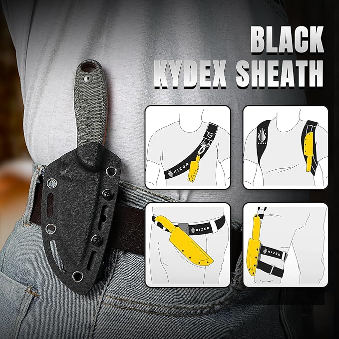 Kizer Hare Fixed Blade Knife with Sheath 3.14 Nitro V Blade EDC Hunting Knife with Black Micarta and Orange G10 Handle Small Bushcraft Neck Knives Camping Knives for Men Women 1077A2