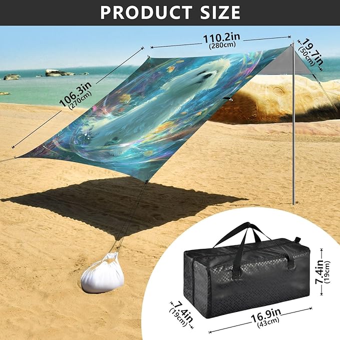 ALAZA Cute Maltese Dog Beach Tent Sun Shelter UPF50+ Protection Beach Shade Canopy w/ 4 Sandbags for Outdoor Camping Fishing Backyard Fun Picnic 10x9 ft