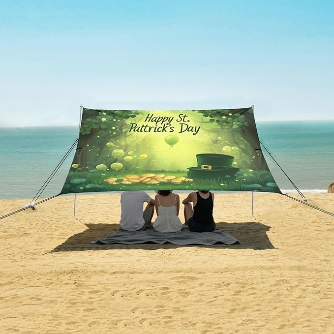 xigua St. Patrick's Day Beach Tent Sun Shelter with Carrying Bag - Silver Coated Oxford Fabric Beach Canopy for Beach Camping Fishing - Includes Windproof Ropes Sandbags &amp Stakes
