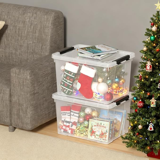 4-Pack 32 L Plastic Storage Box with Lid Stackable Latch Storage Bin with Wheels Clear