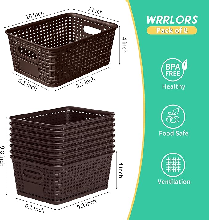 8-Pack Brown Plastic Storage Baskets with Lids Label Organizers Stackable Organizer Containers: For Organizing Shelves Drawers Desk Closets Playrooms Classrooms Offices