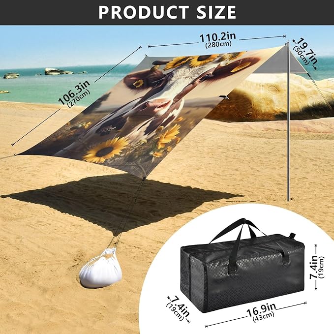 ALAZA Cow in Sunflower Field Beach Tent Sun Shelter Portable Canopy Sunshade for Outdoor Camping Picnics Backyard Fun 10x9 ft