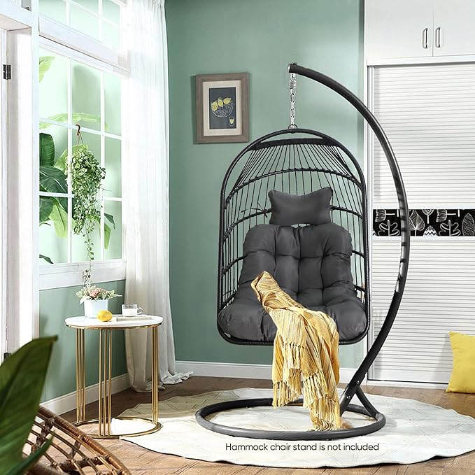 Chihee Egg Chair Foldable Wicker Rattan Hanging Swing Chairs Indoor Outdoor Patio Wicker Chair Hammock Chair with Stainless Steel Hanging Kit Chain Link UV Resistant Cushion Bedroom Balcony