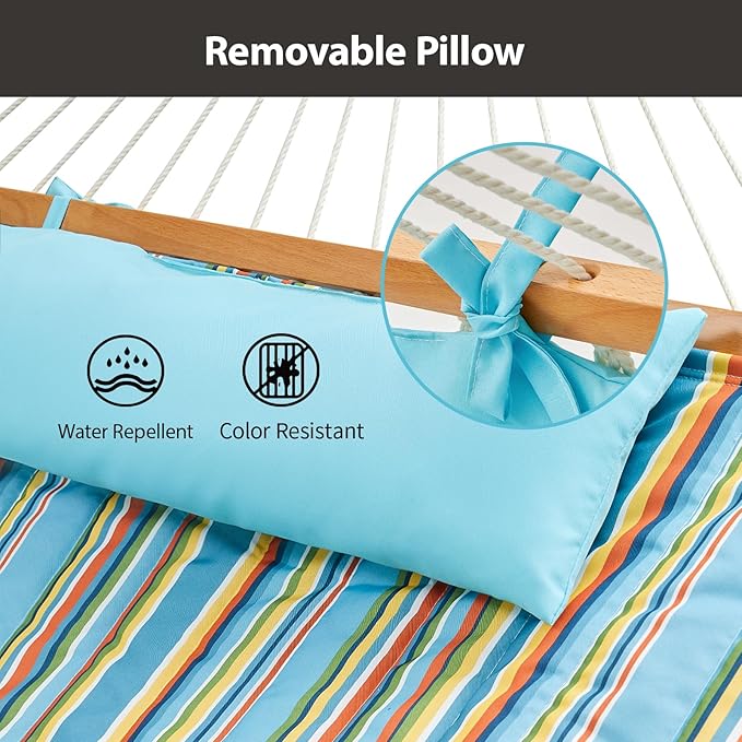CHULIM Outdoor Double Hammock with Hardwood Spreader Bars Large Rope Hammock with Polyester Pad and Pillow 475 LBS Capacity for 2 Person Patio Backyard Poolside - Bule Stripe