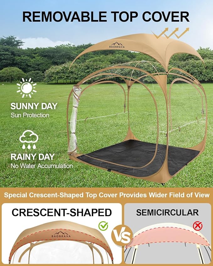 Baobrava Pop Up Sports Tent - Thick PVC Scratch-Resistant Bubble Clear Tent Instant Weather Proof Pod with Extra Top Cover for Soccer Football Games Outdoor Events 5-6 Person