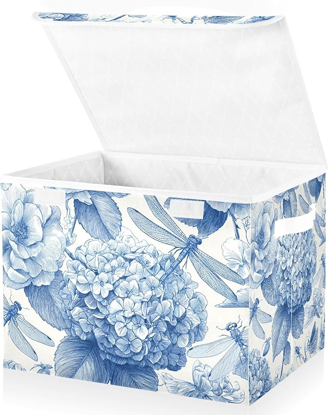 Collapsible Storage Bins with Lids Decorative Fabric Storage Cubes Closet Organizer and Storage Basket Boxes Containers for Clothes Box Chest Folding Rectangle Blue Hydrangeas Butterf