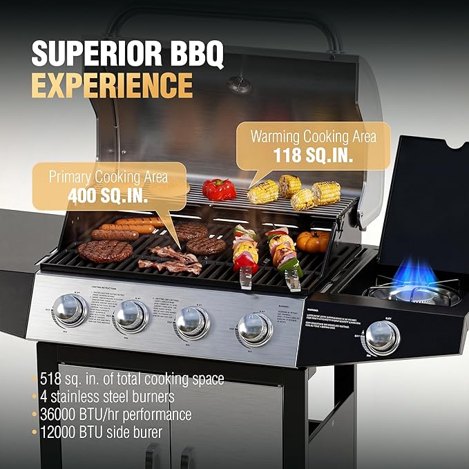 MASTER COOK 4+1 Burners Gas Grill 518 Sqin Cooking Area 52000 BTU Propane Grill with Side Burner Stainless Steel Cabinet Grill Silver &amp Black