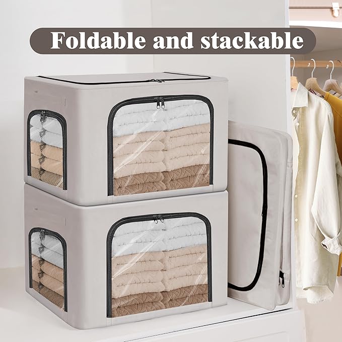 GuliPostan 3 Pack 40L Stackable Clothes Storage Bins with Metal Frame Handles &amp Zipper Collapsible Closet Organizer Box with Lid for Bedding Blankets Towel (Light Grey)